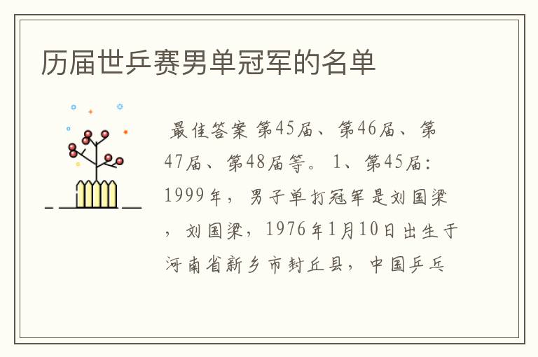历届世乒赛男单冠军的名单