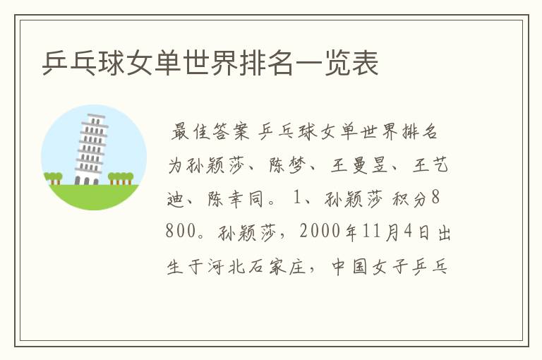乒乓球女单世界排名一览表