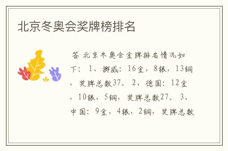 北京冬奥会奖牌榜排名