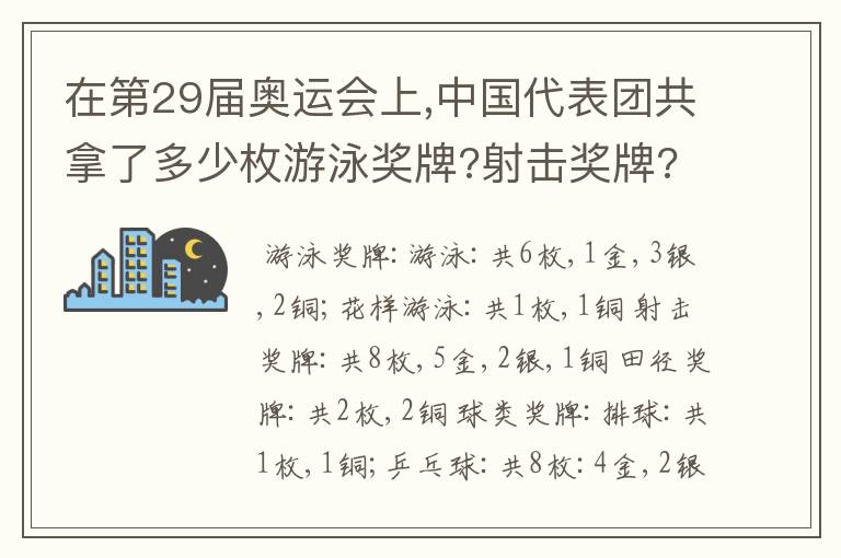 在第29届奥运会上,中国代表团共拿了多少枚游泳奖牌?射击奖牌?田径奖牌?球类奖牌?体操奖牌?摔交奖牌?