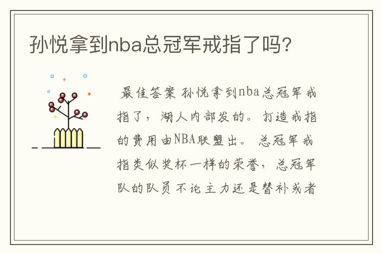 孙悦拿到nba总冠军戒指了吗?