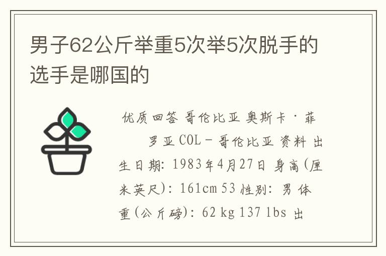 男子62公斤举重5次举5次脱手的选手是哪国的