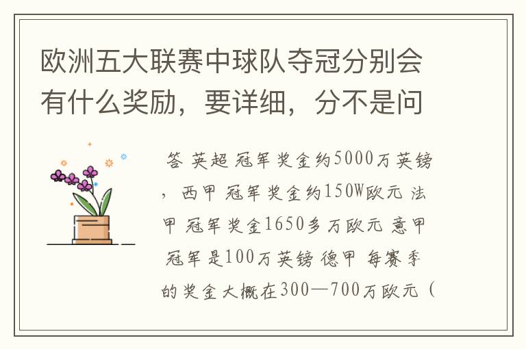 欧洲五大联赛中球队夺冠分别会有什么奖励,要详细,分不是问题