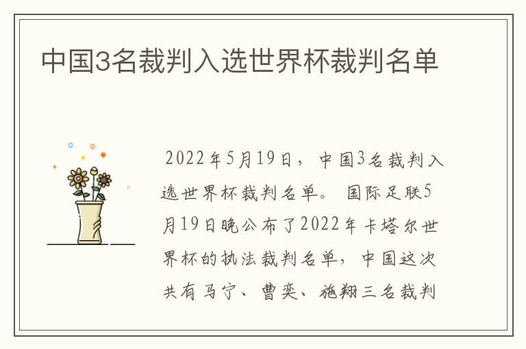 中国3名裁判入选世界杯裁判名单