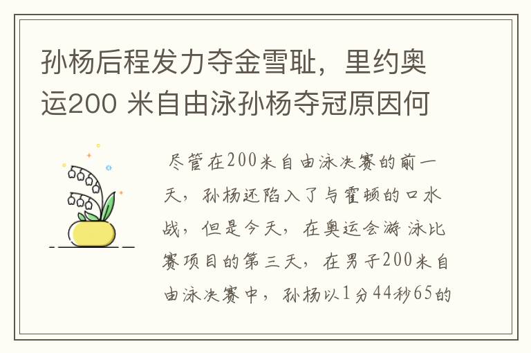 孙杨后程发力夺金雪耻,里约奥运200 米自由泳孙杨夺冠原因何在?