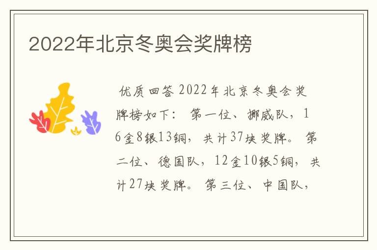 2022年北京冬奥会奖牌榜