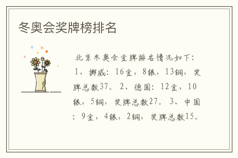 冬奥会奖牌榜排名