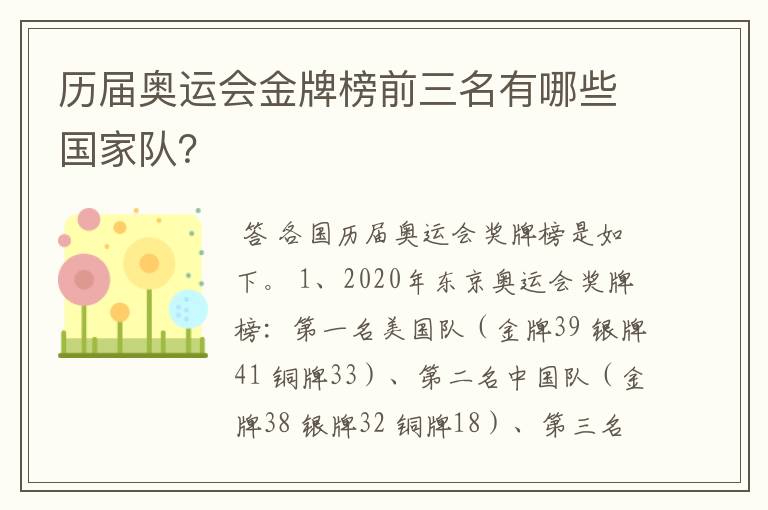 历届奥运会金牌榜前三名有哪些国家队?