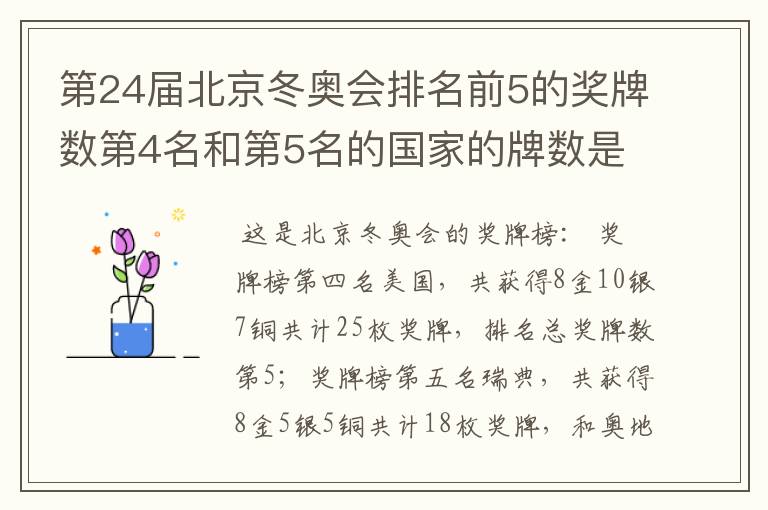 第24届北京冬奥会排名前5的奖牌数第4名和第5名的国家的牌数是多少?