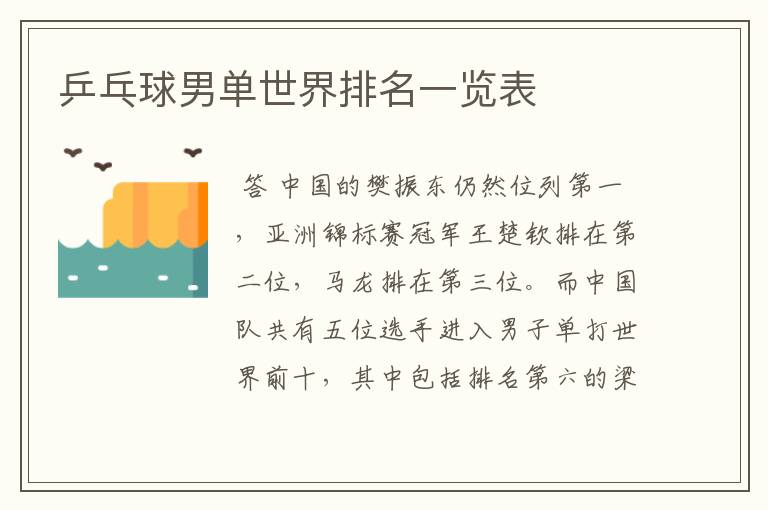 乒乓球男单世界排名一览表