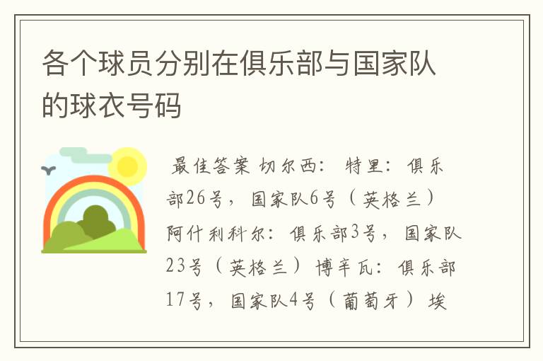 各个球员分别在俱乐部与国家队的球衣号码