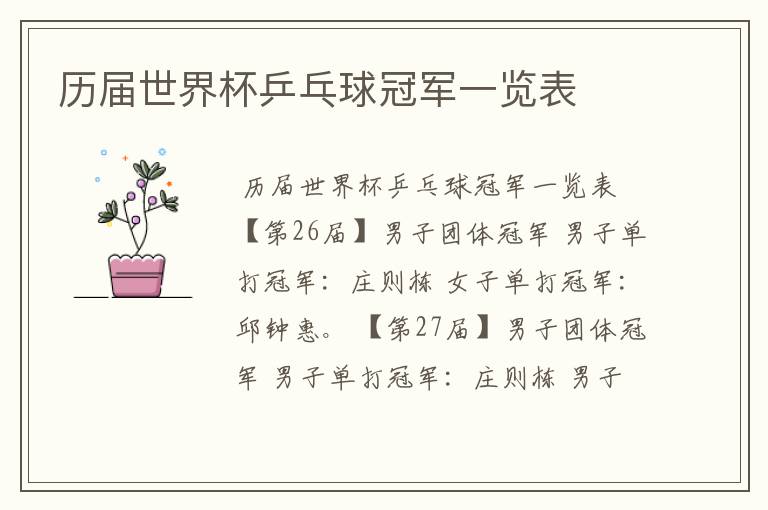 历届世界杯乒乓球冠军一览表