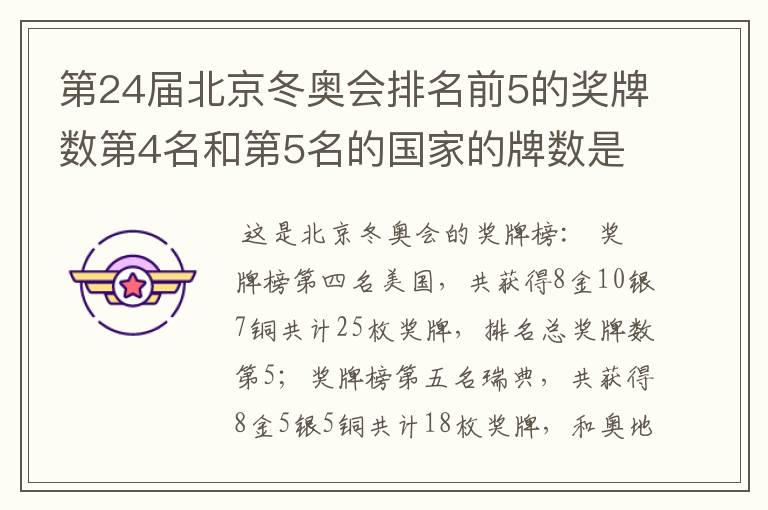 第24届北京冬奥会排名前5的奖牌数第4名和第5名的国家的牌数是多少?