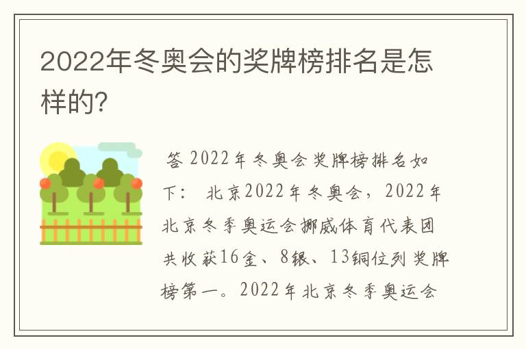 2022年冬奥会的奖牌榜排名是怎样的?