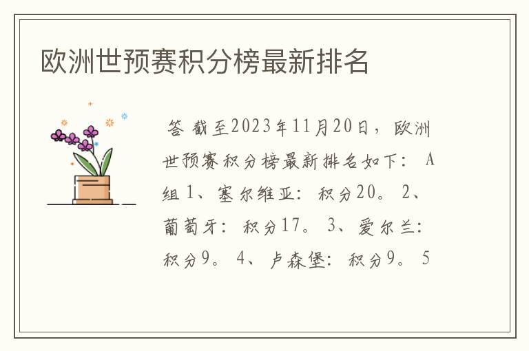 欧洲世预赛积分榜最新排名