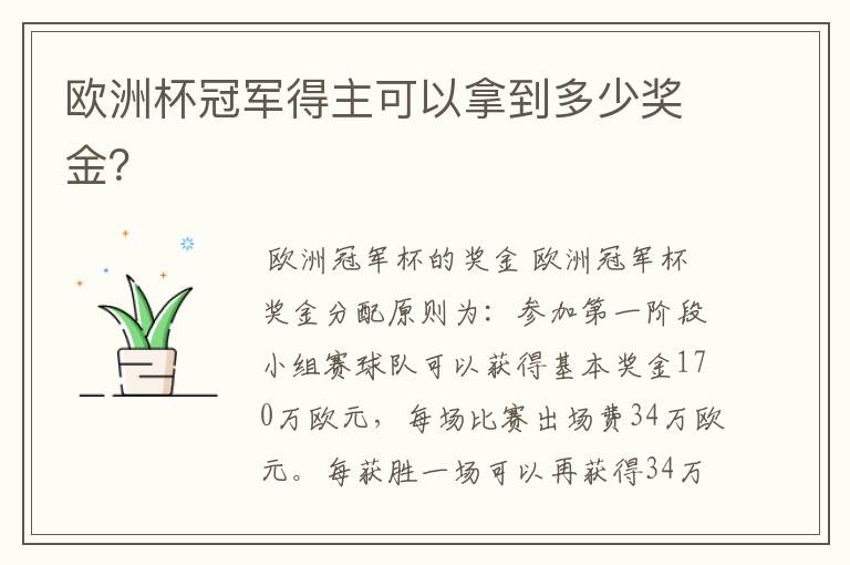 欧洲杯冠军得主可以拿到多少奖金?