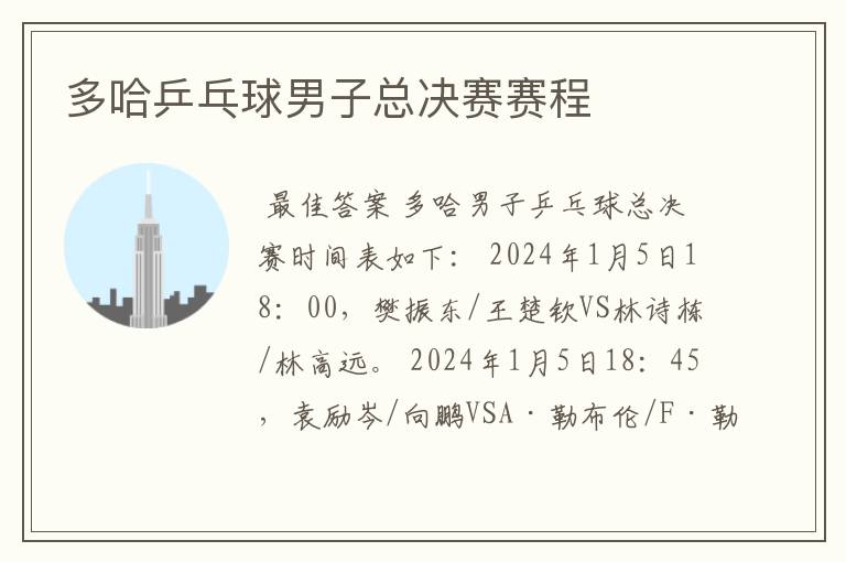 多哈乒乓球男子总决赛赛程