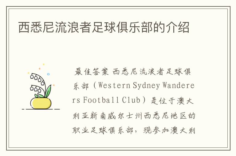 西悉尼流浪者足球俱乐部的介绍