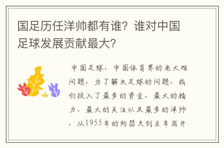 国足历任洋帅都有谁?谁对中国足球发展贡献最大?