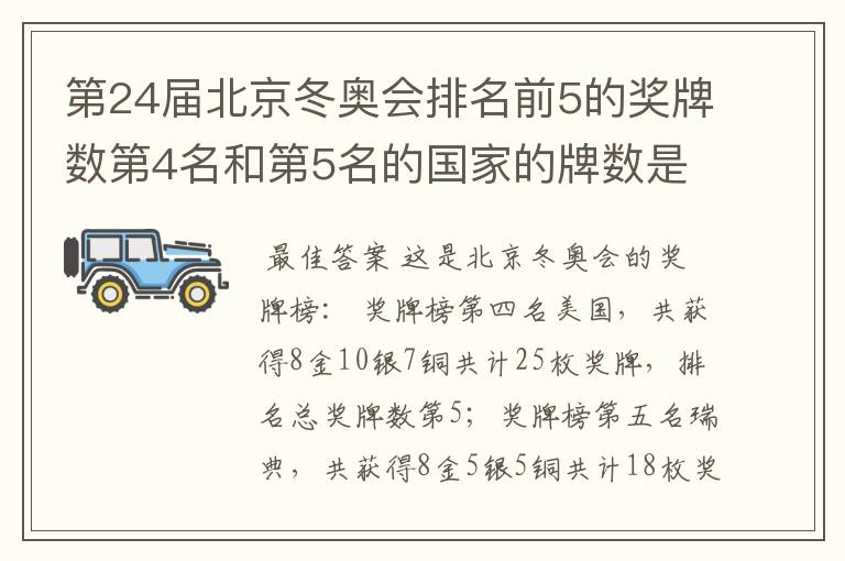 第24届北京冬奥会排名前5的奖牌数第4名和第5名的国家的牌数是多少?