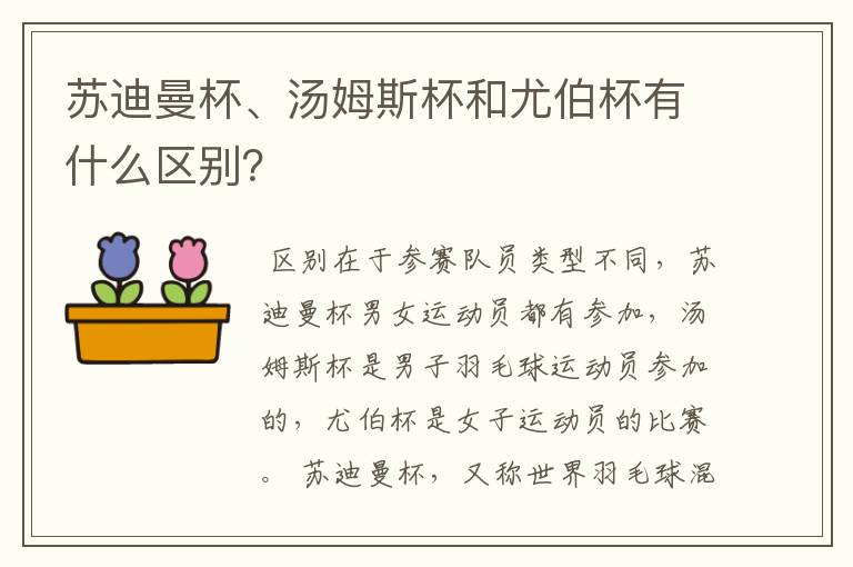 苏迪曼杯、汤姆斯杯和尤伯杯有什么区别?