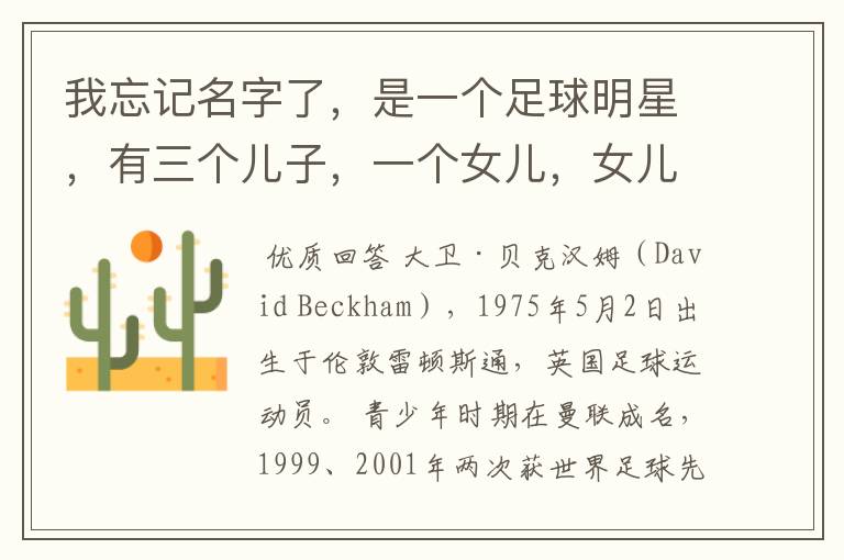 我忘记名字了,是一个足球明星,有三个儿子,一个女儿,女儿还特别小,外界称足球明星的老婆是时尚辣妈。