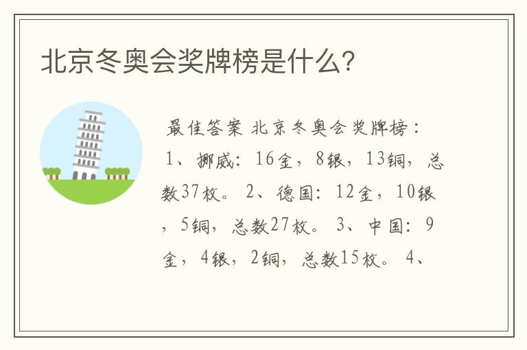 北京冬奥会奖牌榜是什么?