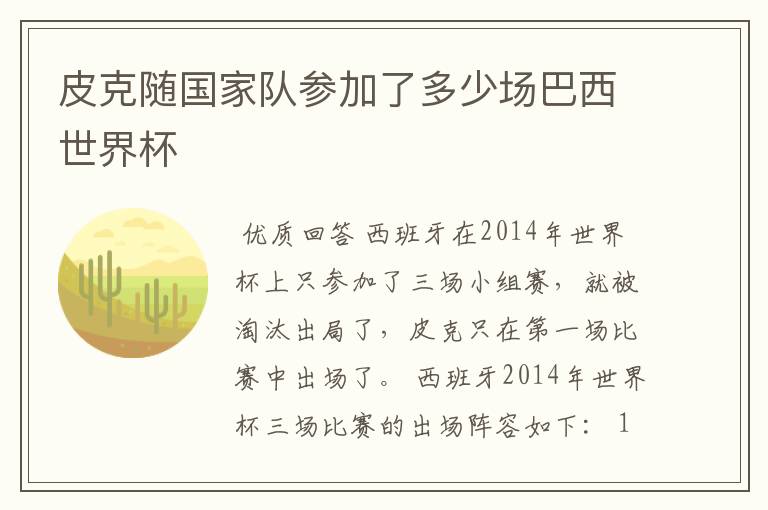 皮克随国家队参加了多少场巴西世界杯
