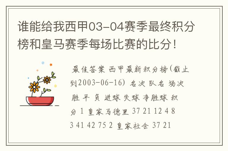 谁能给我西甲03-04赛季最终积分榜和皇马赛季每场比赛的比分!