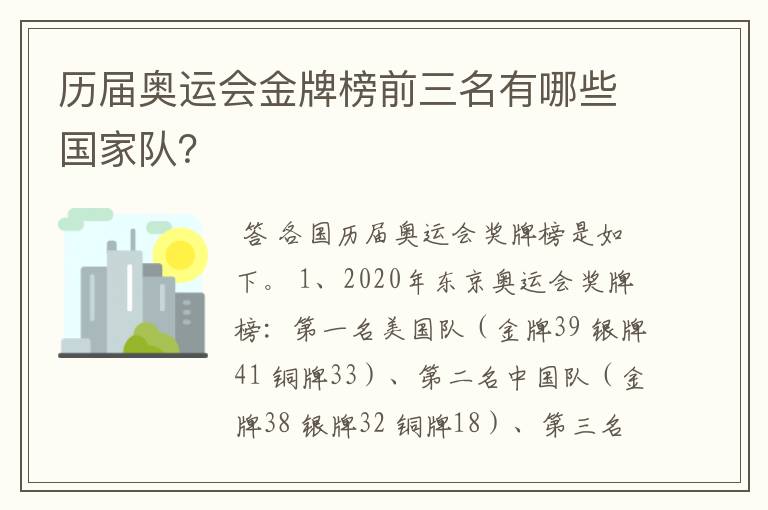 历届奥运会金牌榜前三名有哪些国家队?
