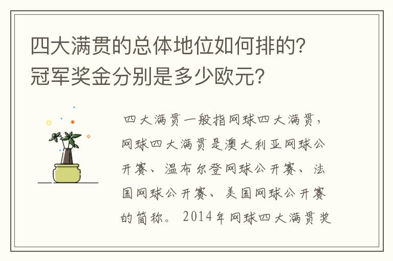 四大满贯的总体地位如何排的?冠军奖金分别是多少欧元?