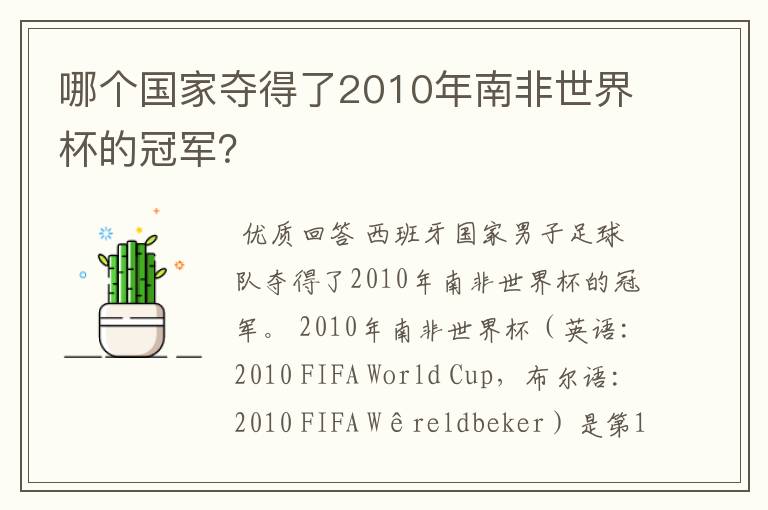 哪个国家夺得了2010年南非世界杯的冠军？