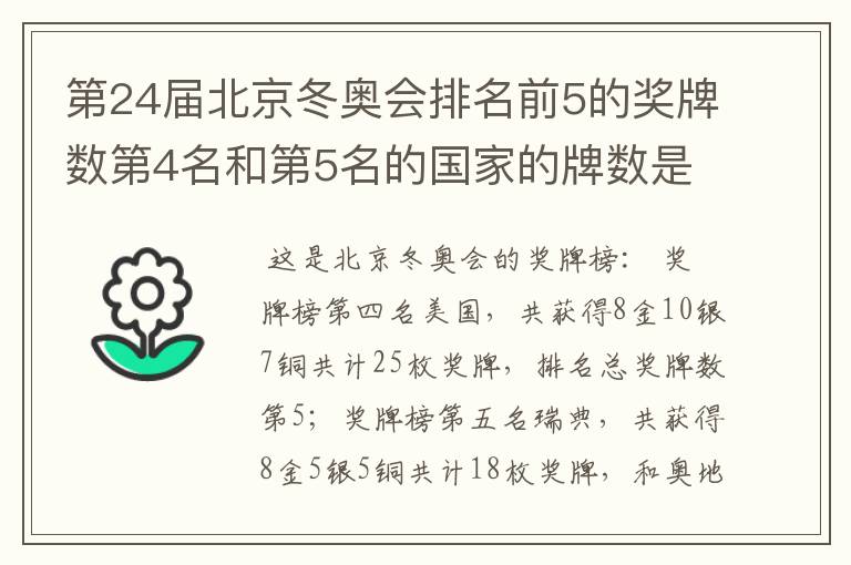 第24届北京冬奥会排名前5的奖牌数第4名和第5名的国家的牌数是多少?
