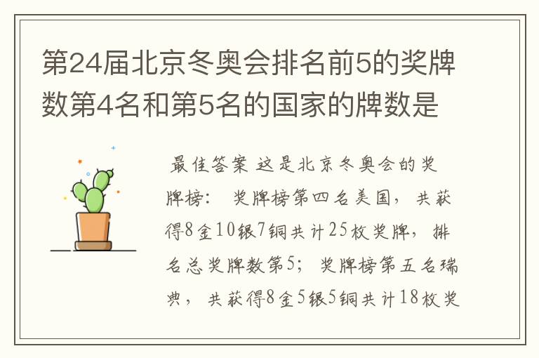 第24届北京冬奥会排名前5的奖牌数第4名和第5名的国家的牌数是多少?