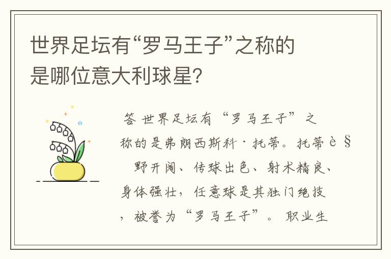 世界足坛有“罗马王子”之称的是哪位意大利球星?