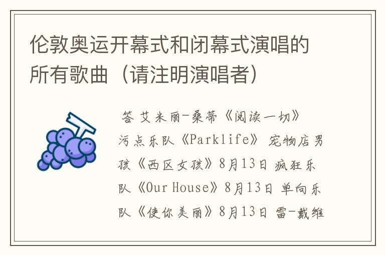 伦敦奥运开幕式和闭幕式演唱的所有歌曲(请注明演唱者)