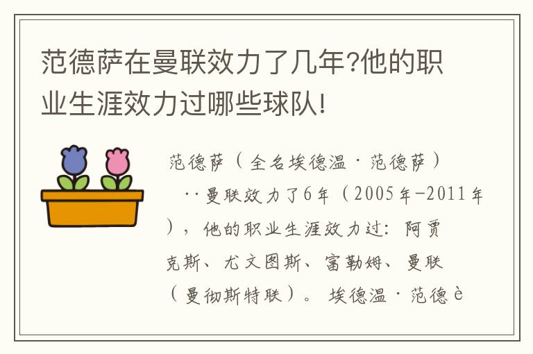 范德萨在曼联效力了几年?他的职业生涯效力过哪些球队!