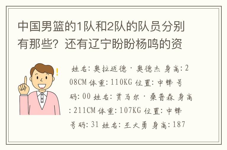 中国男篮的1队和2队的队员分别有那些?还有辽宁盼盼杨鸣的资料?杨鸣是中国男篮队的队员吗?