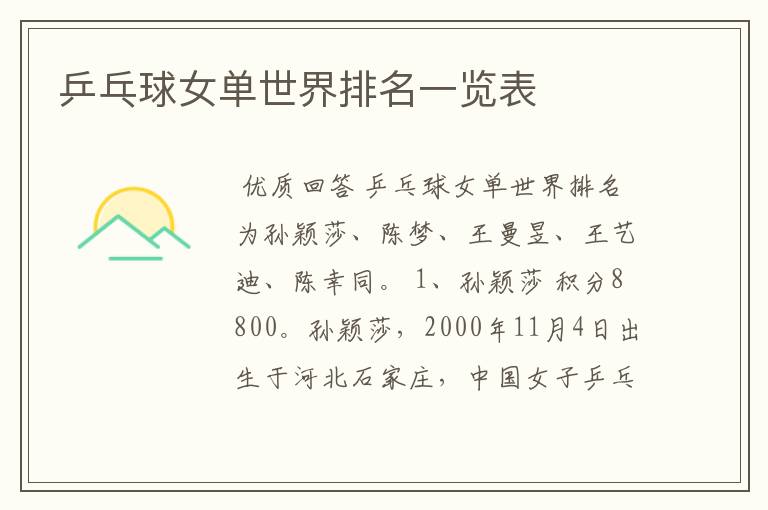 乒乓球女单世界排名一览表