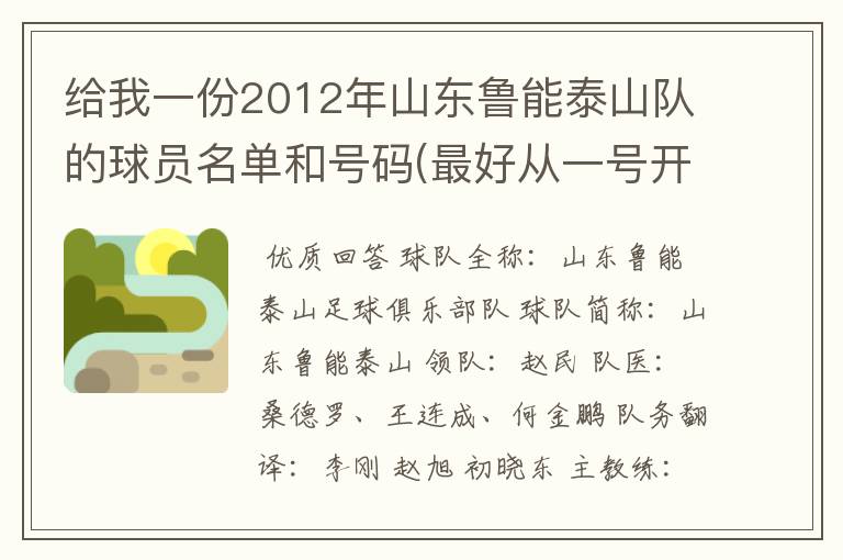给我一份2012年山东鲁能泰山队的球员名单和号码(最好从一号开始,并且有个人资料)