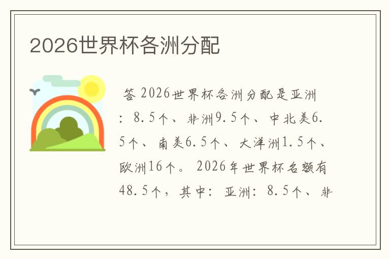 2026世界杯各洲分配