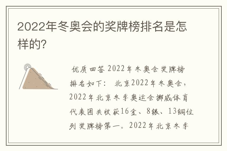 2022年冬奥会的奖牌榜排名是怎样的?