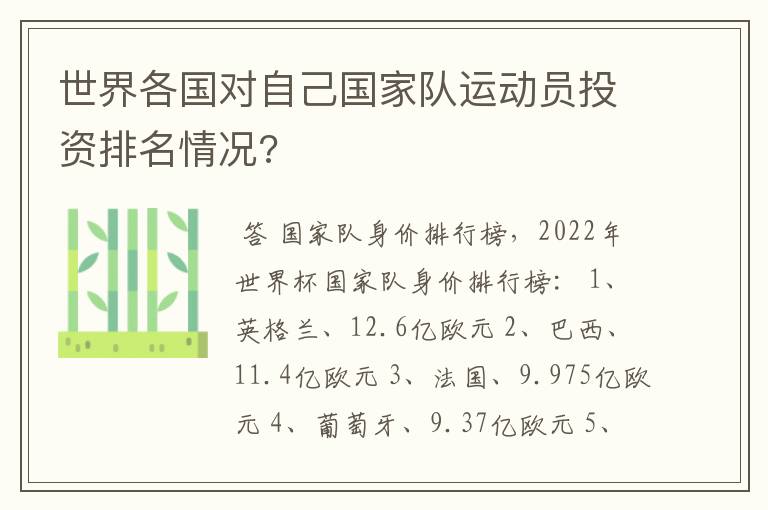 世界各国对自己国家队运动员投资排名情况?