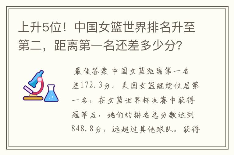 上升5位!中国女篮世界排名升至第二,距离第一名还差多少分?