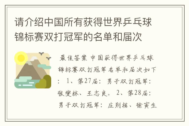 请介绍中国所有获得世界乒乓球锦标赛双打冠军的名单和届次