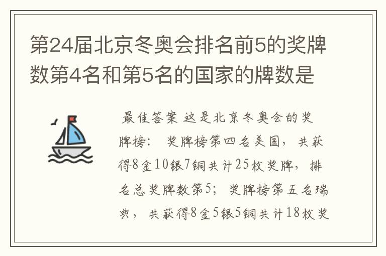 第24届北京冬奥会排名前5的奖牌数第4名和第5名的国家的牌数是多少?