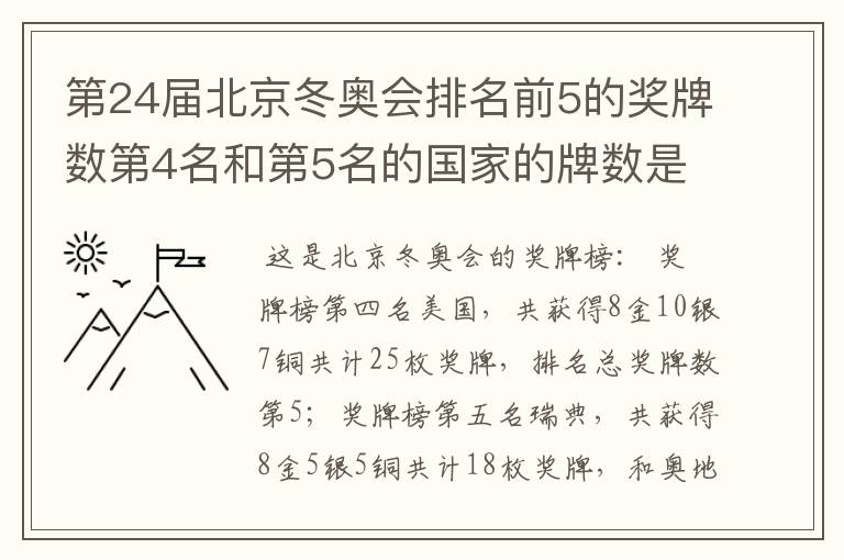 第24届北京冬奥会排名前5的奖牌数第4名和第5名的国家的牌数是多少?