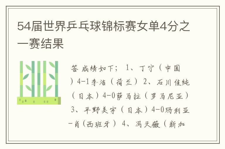 54届世界乒乓球锦标赛女单4分之一赛结果
