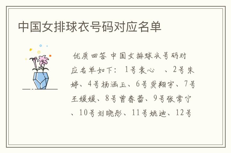 中国女排球衣号码对应名单