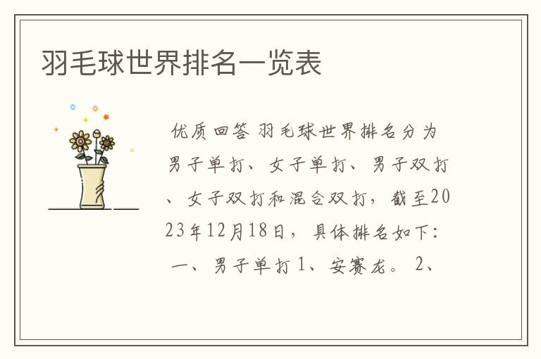 羽毛球世界排名一览表